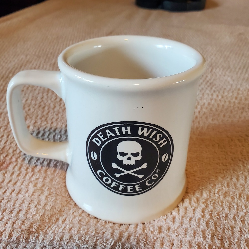 Death Wish Coffee Co White Ceramic Diner Mug Skull Crossbones Logo Made in USA